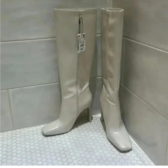 Zara Style Cream Knee-High Boots | Square Toe Block Heel | Minimal Chic Size 10 - Picture 4 of 7